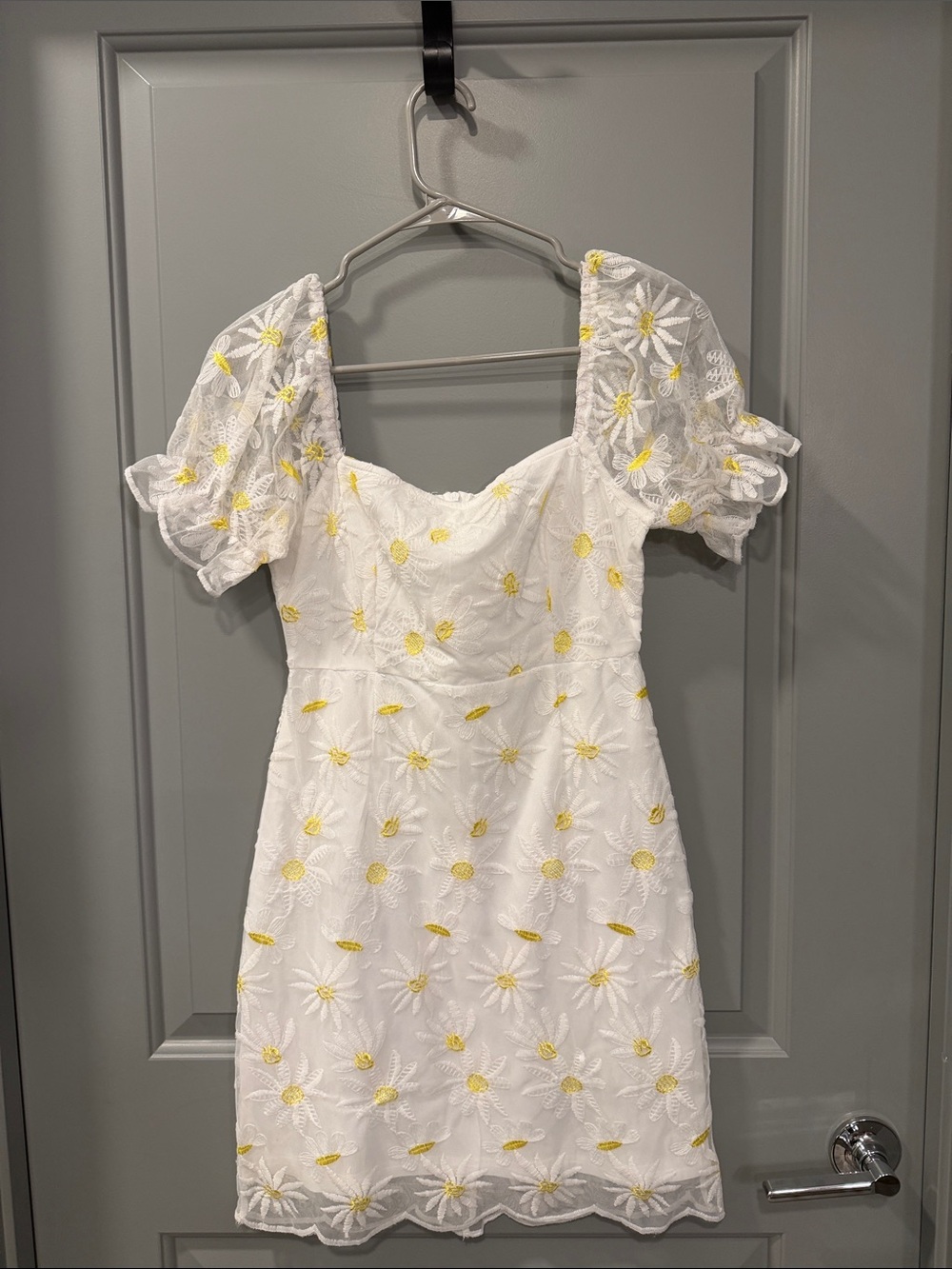 SHEIN White Mini Dress with Yellow Daisy Embroidery